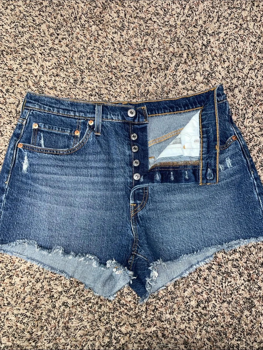 Levi's Dark Blue Distressed Button-Fly Jean Shorts Woman’s Size 31 | NWOT